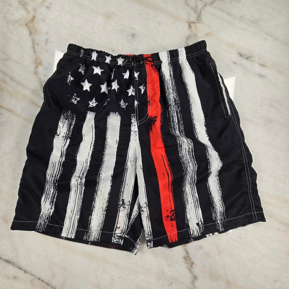 A‎ Unique Creation Swim Shorts Mens XL Thin Red Line Patriotic Flag Firefighter